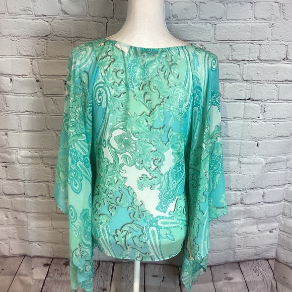 BOSTON PROPER SCROLLING PAISLEY PONCHO COVER UP BLOUSE SZ XXS NWT - Picture 4 of 7